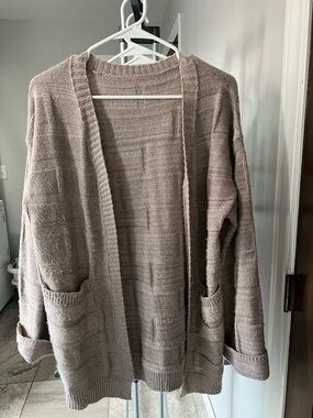 Open-Front Taupe Knit Cardigan Sweater